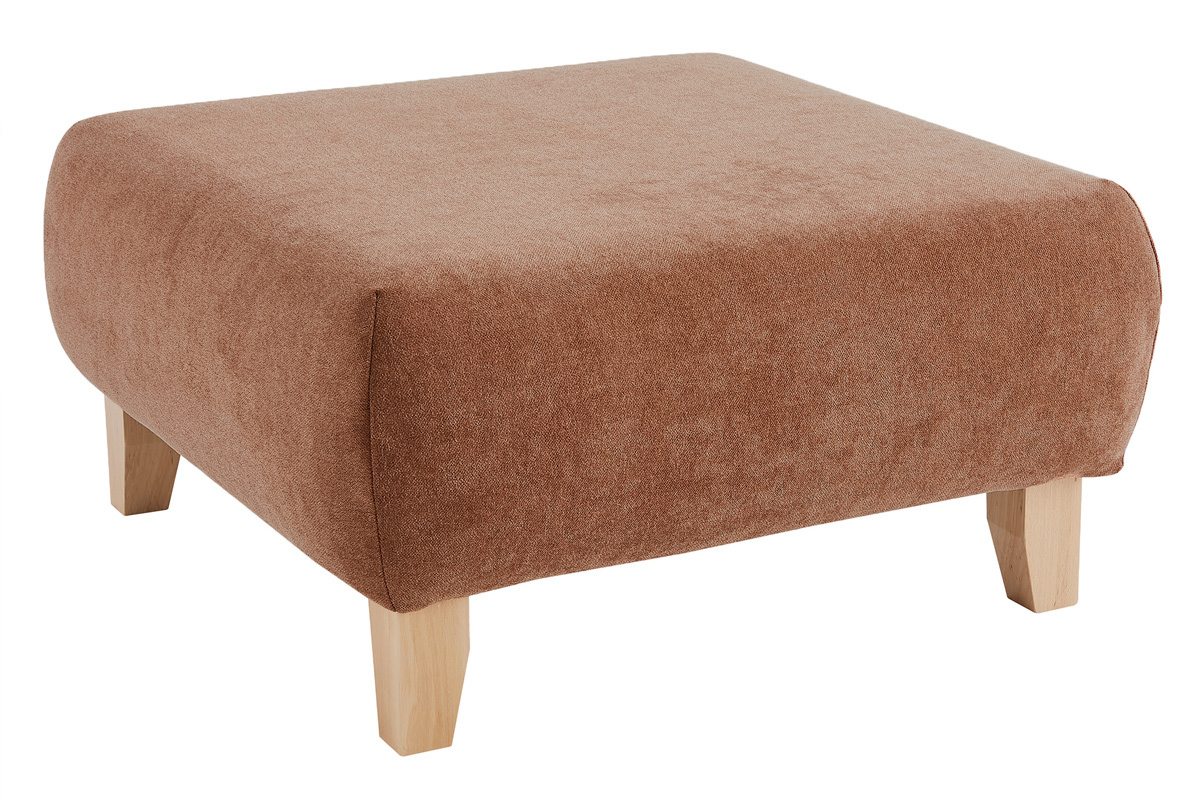 Pouf repose-pieds en tissu effet velours textur terre brle et bois clair massif L75 cm ODEON