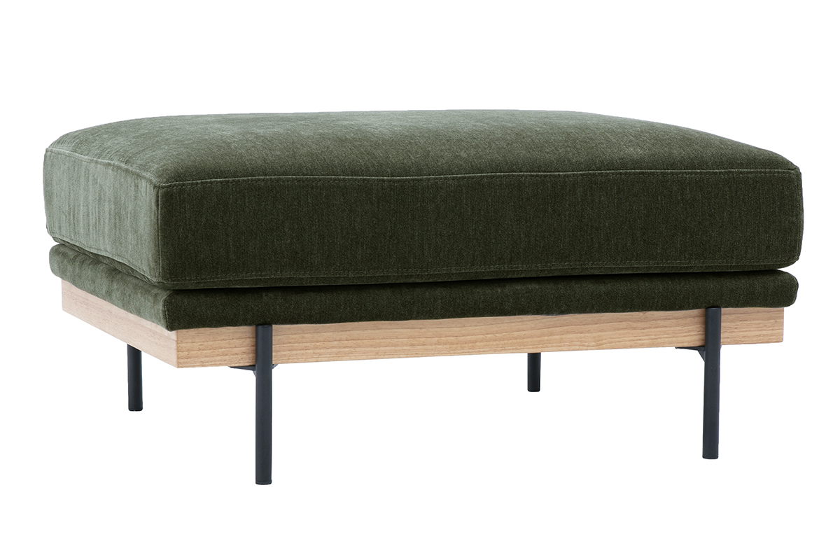 Pouf repose-pieds vert kaki en tissu effet velours avec structure en bois et m�tal, vue de 3/4