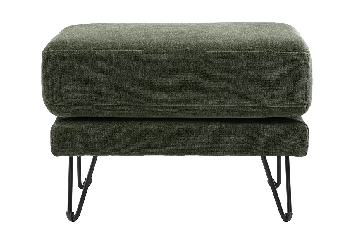 Pouf repose-pieds en tissu effet velours vert kaki avec pieds en m�tal, vue de face