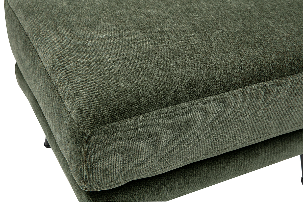 Pouf repose-pieds en tissu effet velours vert kaki, vue de dessus avec coussin double niveau