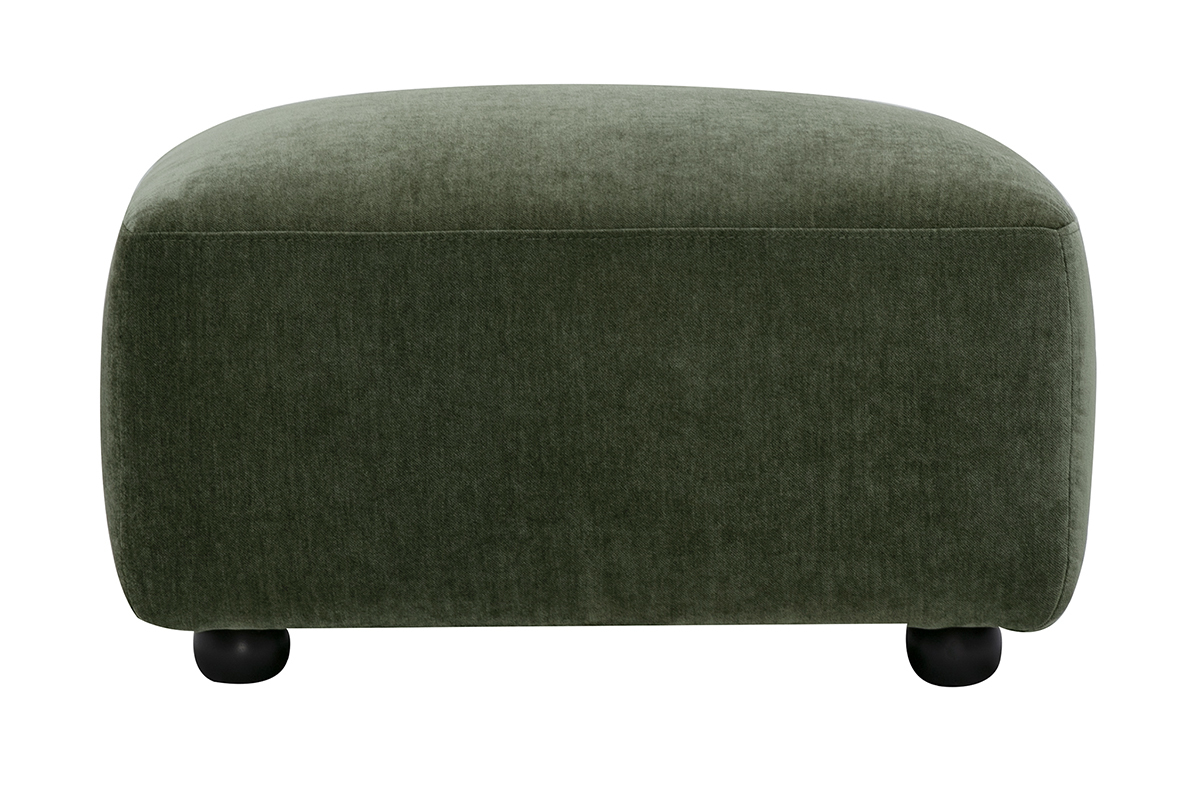 Pouf en tissu effet velours vert kaki, vue de face