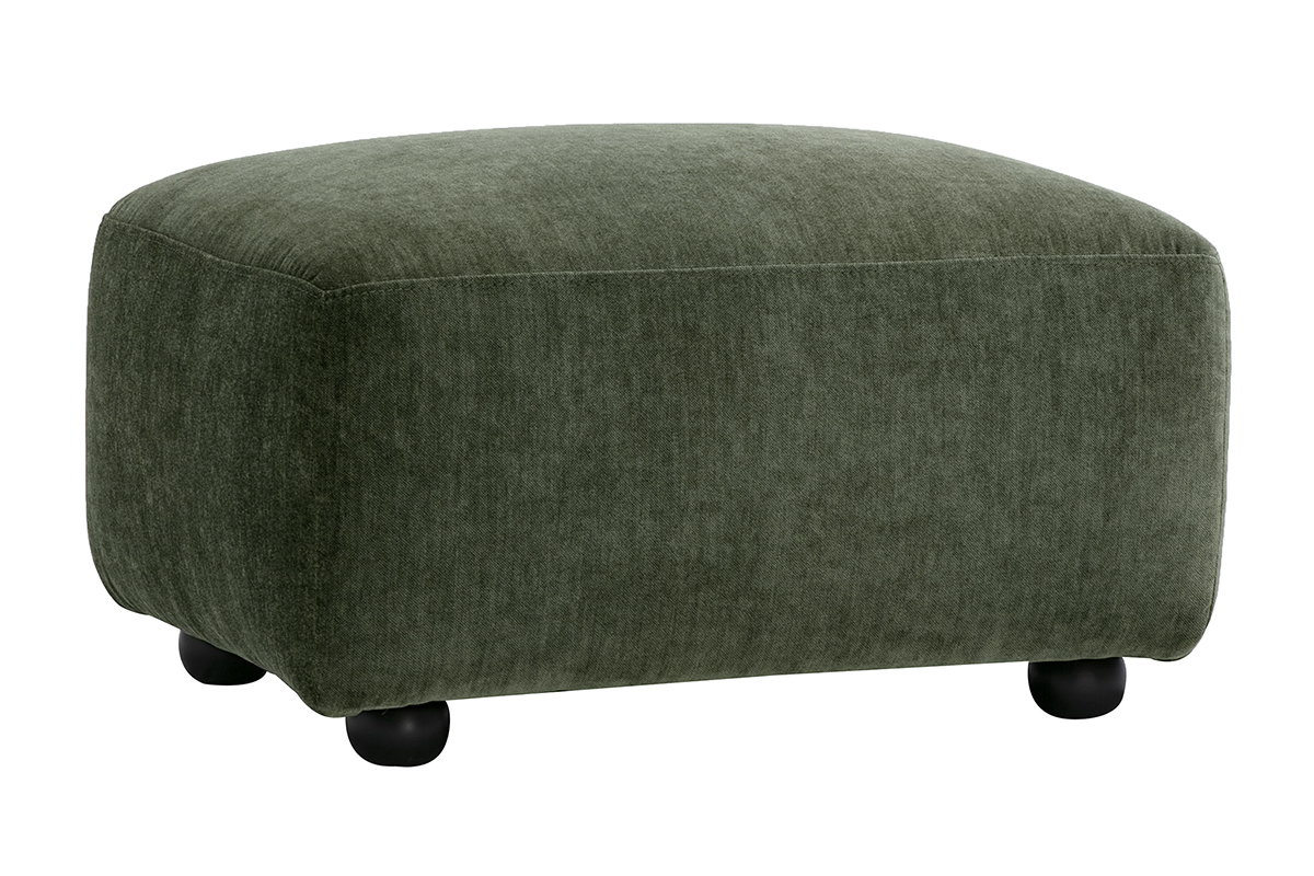 Pouf repose pieds en tissu effet velours vert kaki JOYA, vu de 3/4