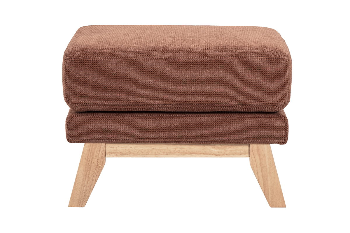 Pouf scandinave en tissu terre br�l�e avec pieds en bois, vue de face.