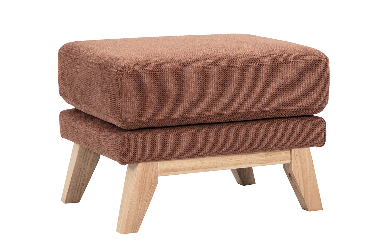 Pouf repose-pieds scandinave en tissu terre br�l�e, pieds en bois clair, vue de c�t�.