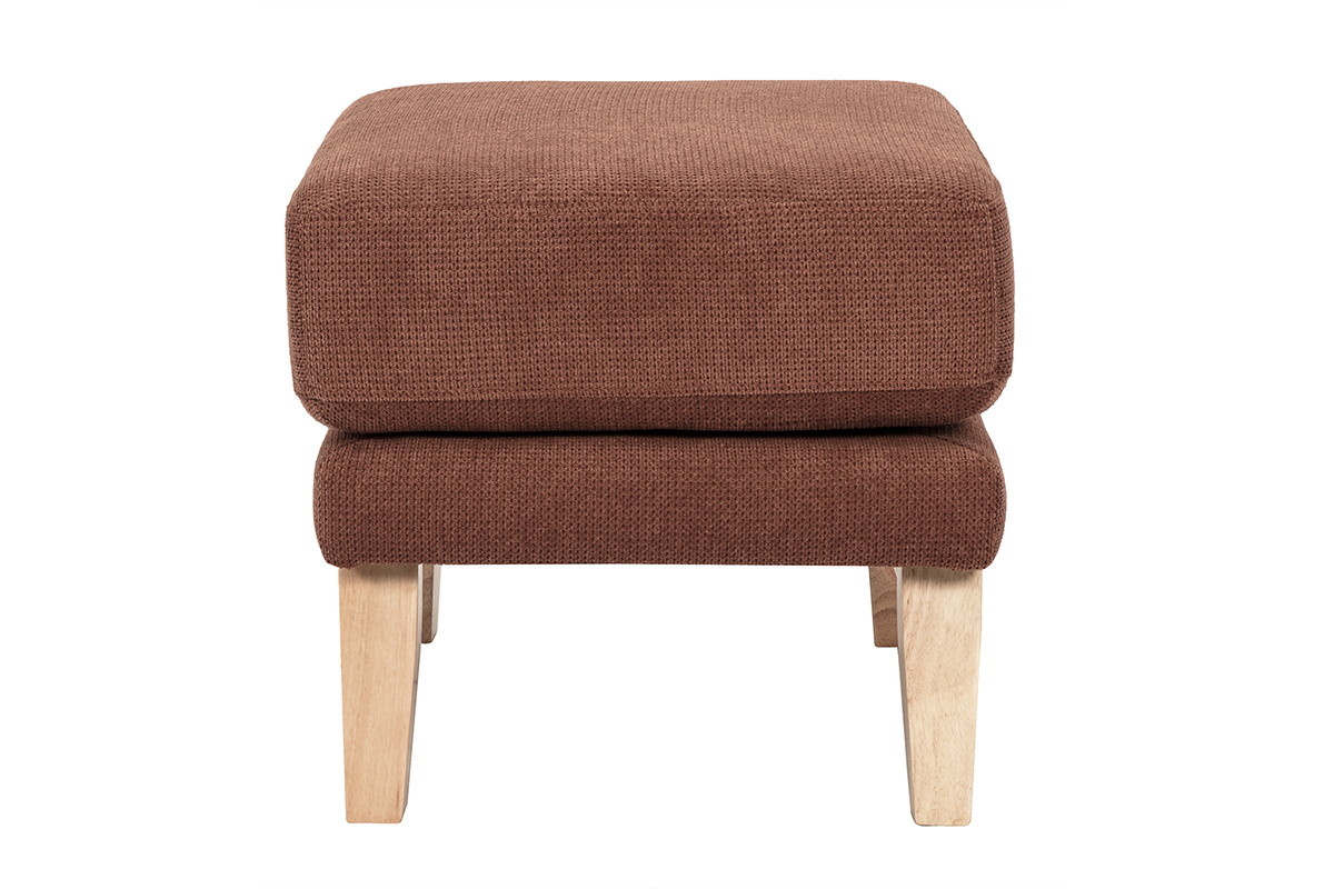 Pouf repose-pieds brun en tissu chenille et pieds en bois clair, vue de profil.