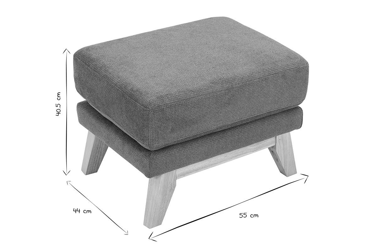 Pouf repose-pieds scandinave noir et blanc, dimensions indiqu�es, perspective 3/4.