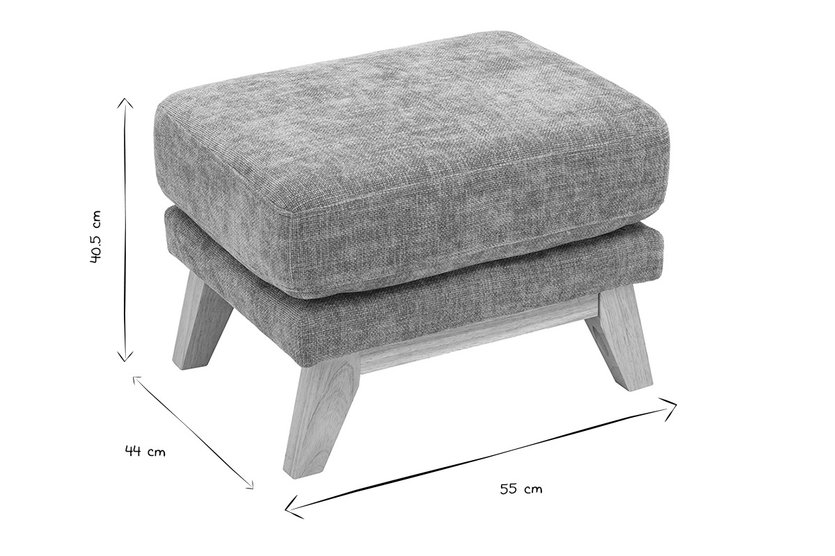 Dimensions du pouf repose-pieds : L55 x P44 x H40.5 cm, photo en noir et blanc.