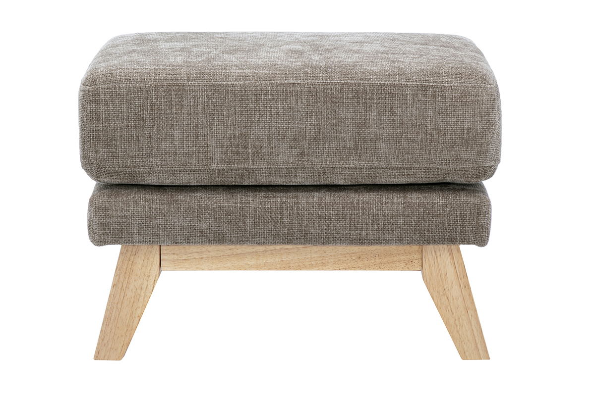 Pouf repose-pieds scandinave en tissu taupe avec pi�tement en bois clair, vue de face.