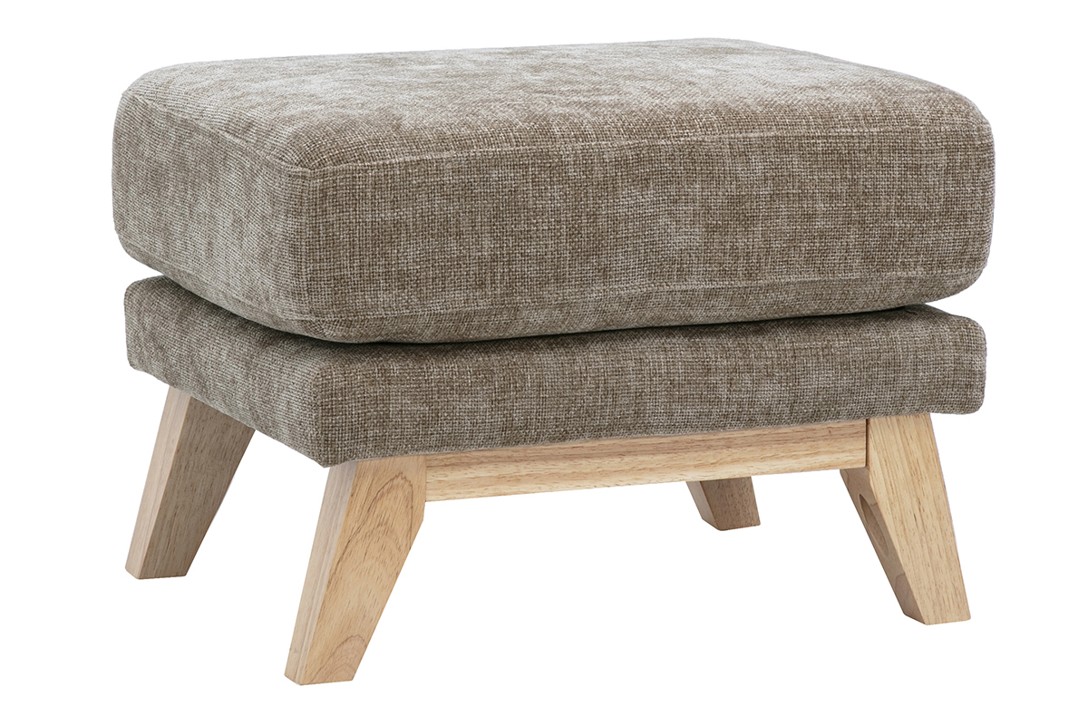 Pouf repose-pieds scandinave taupe avec pi�tement en bois clair, angle de trois quarts