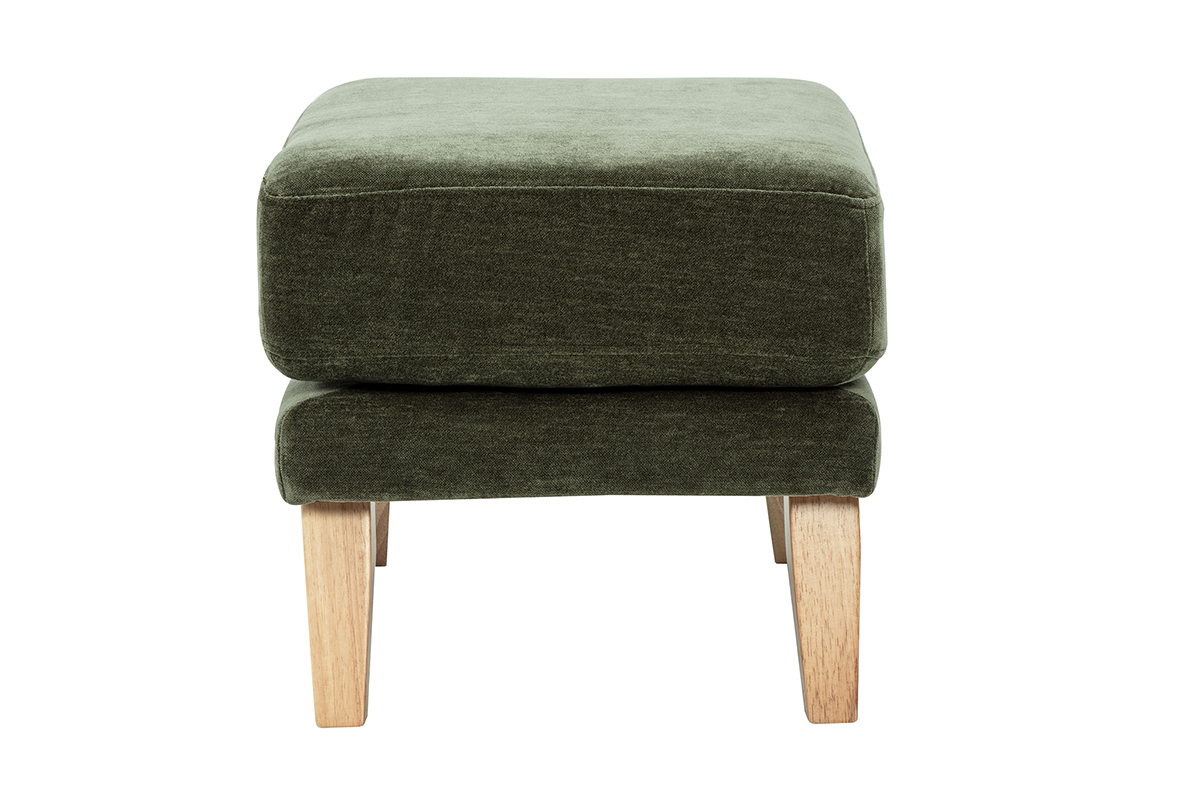 Pouf scandinave en tissu vert kaki, vue de profil, pieds en bois clair.