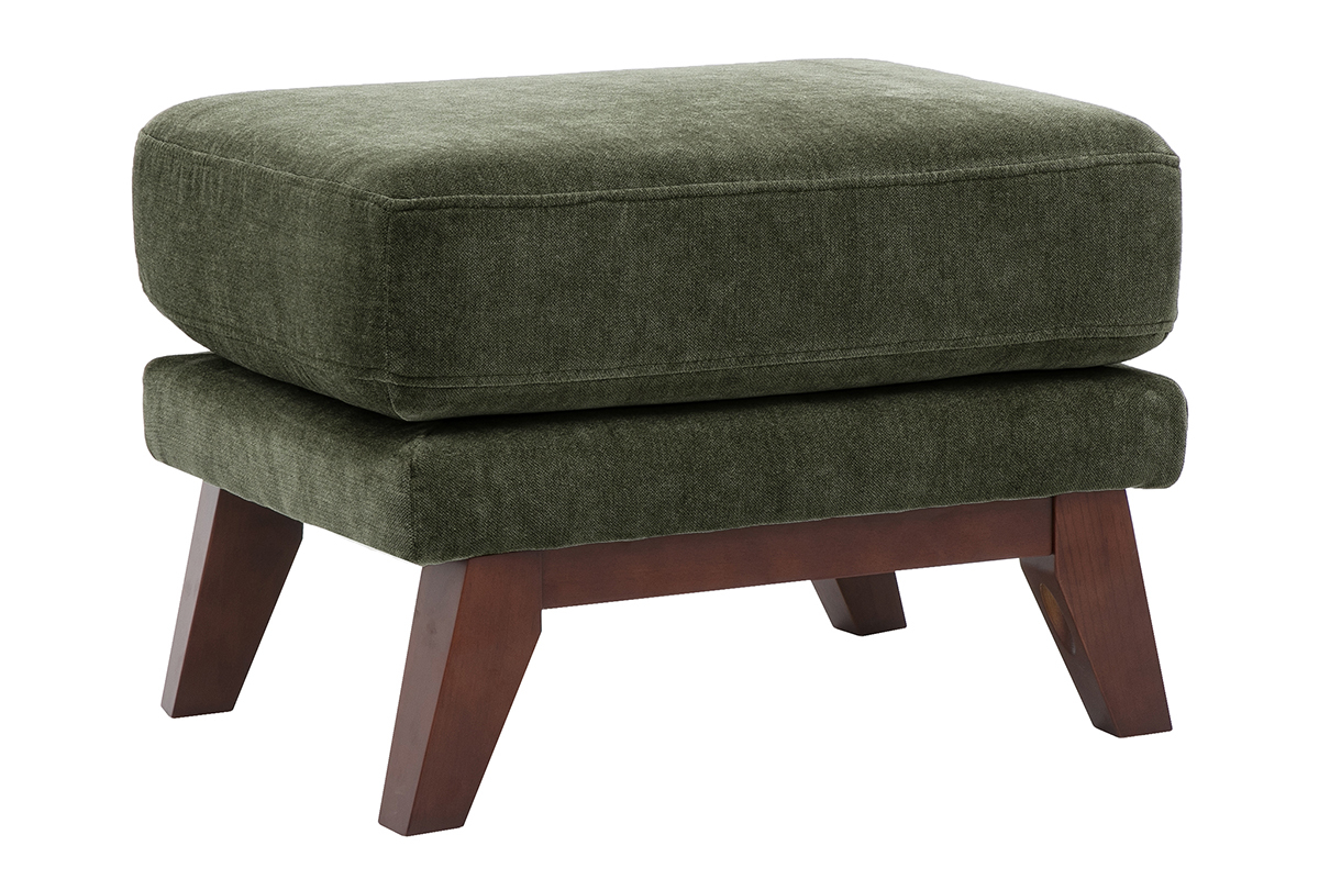 Pouf repose-pieds scandinave en tissu effet velours vert kaki et bois fonc�, vue de 3/4.