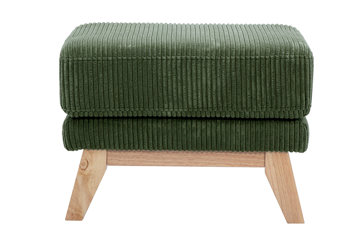 Pouf scandinave en velours c�tel� vert et bois clair, vue de face.