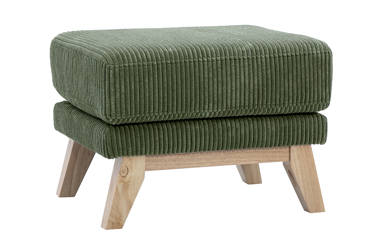 Pouf scandinave en velours c�tel� vert kaki et bois clair, vue de c�t�.