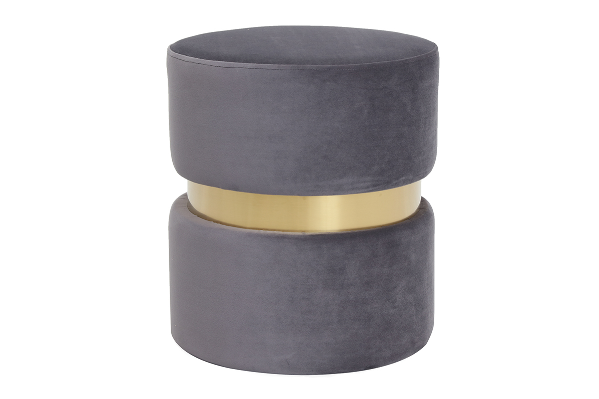 Pouf rond design en tissu velours gris et m�tal dor� D35 cm JOY