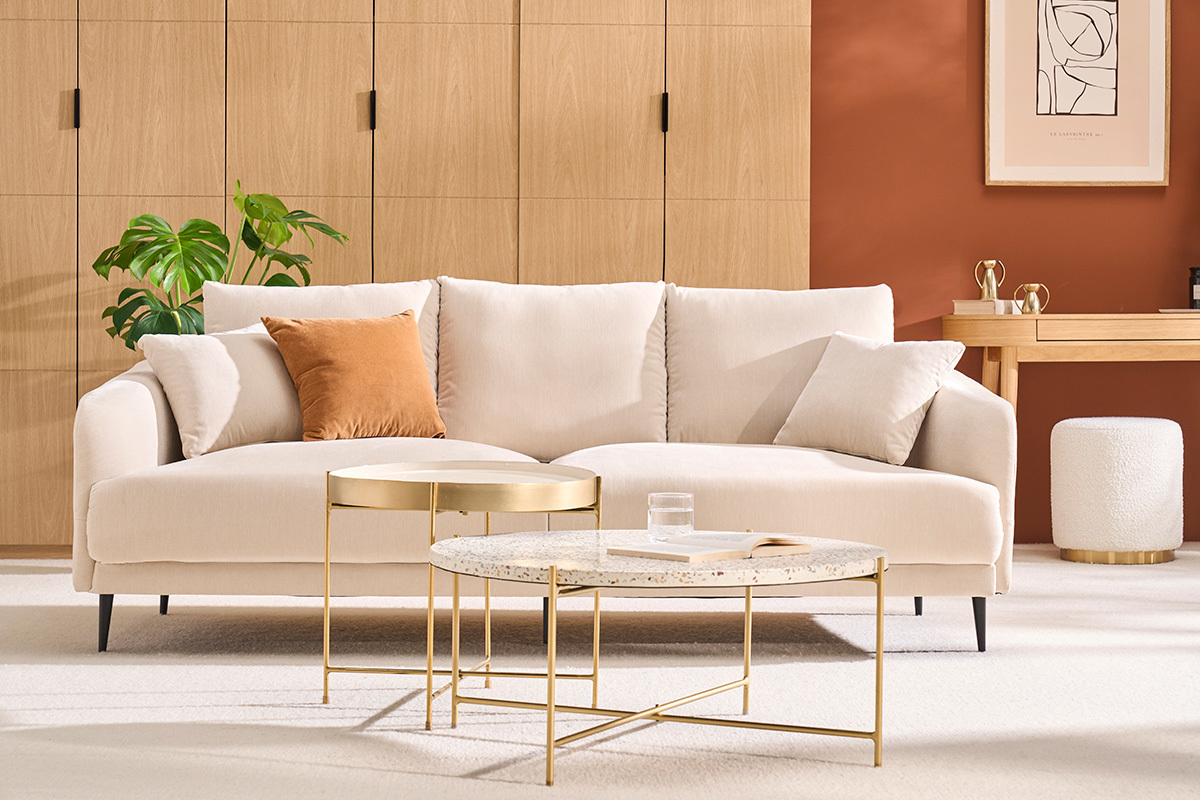 Pouf rond en tissu effet laine boucle blanc cass et mtal dor D40 cm AMAYA