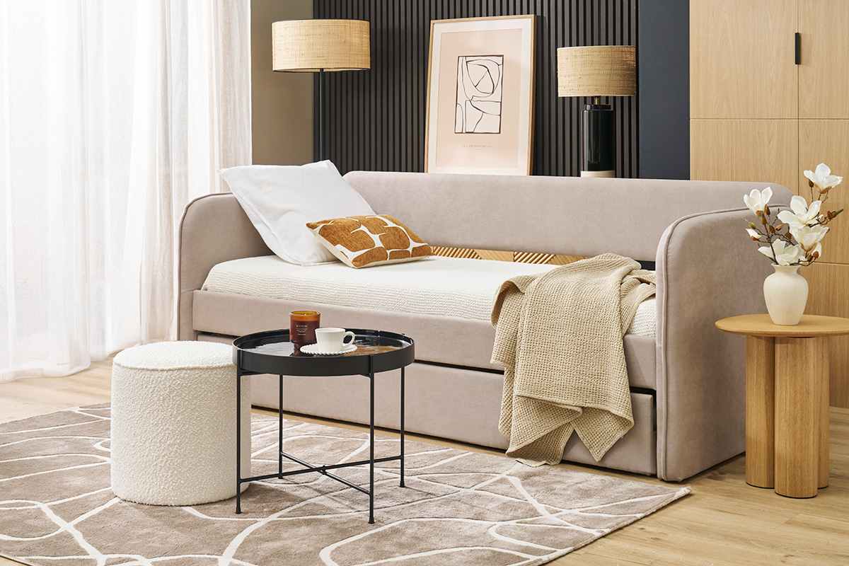 Pouf rond en tissu effet laine boucle blanc D40 cm PAUL