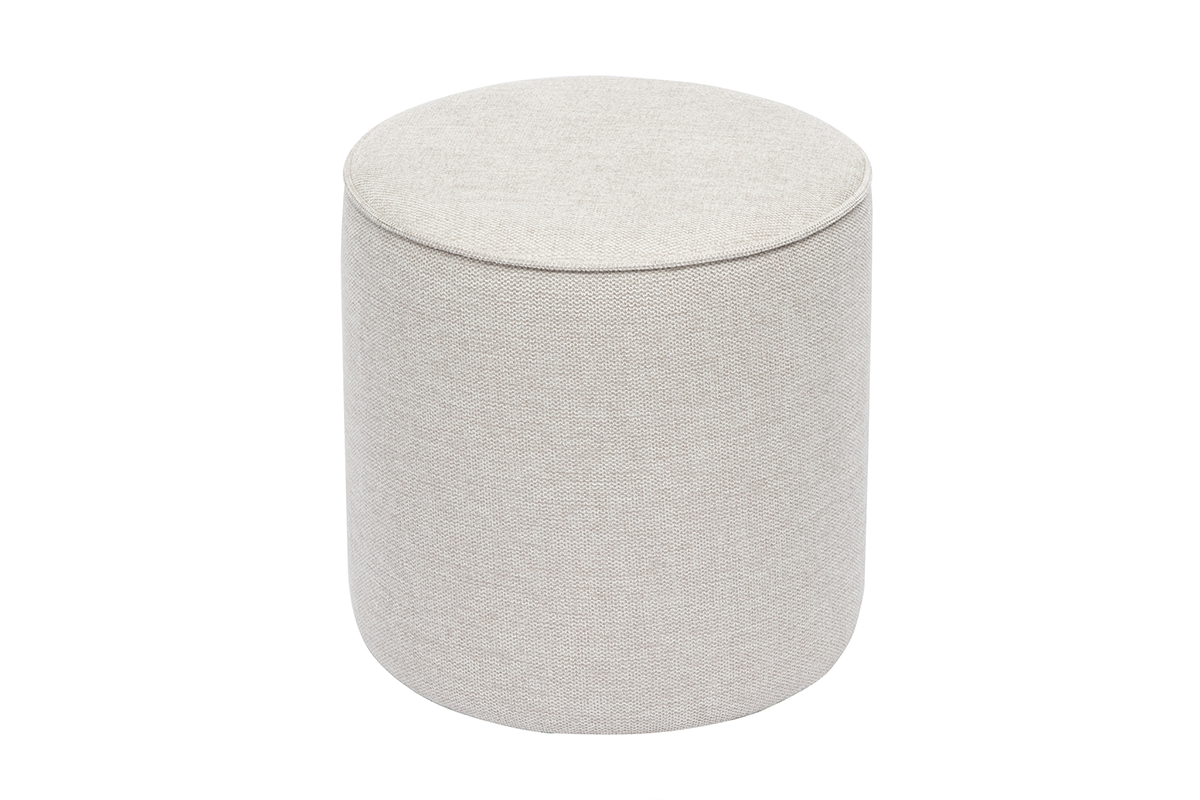 Pouf rond en tissu effet velours textur� beige, vue de dessus.