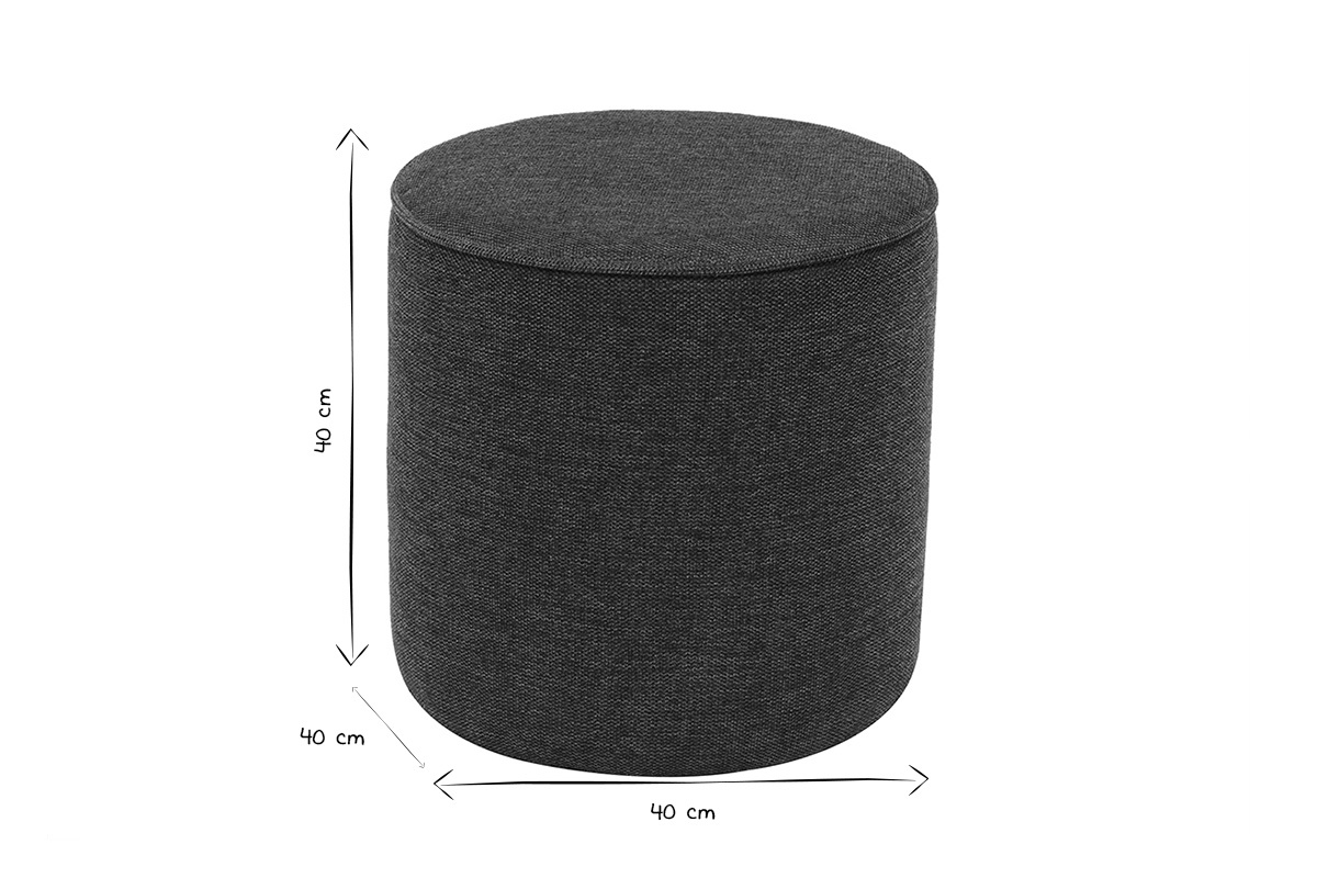 Pouf rond en noir et blanc avec dimensions de 40 cm.
