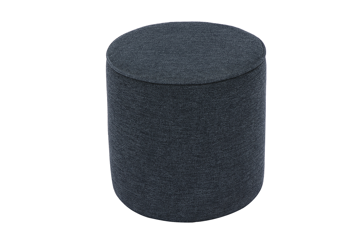 Pouf rond en tissu effet velours bleu fonc, vue de face.
