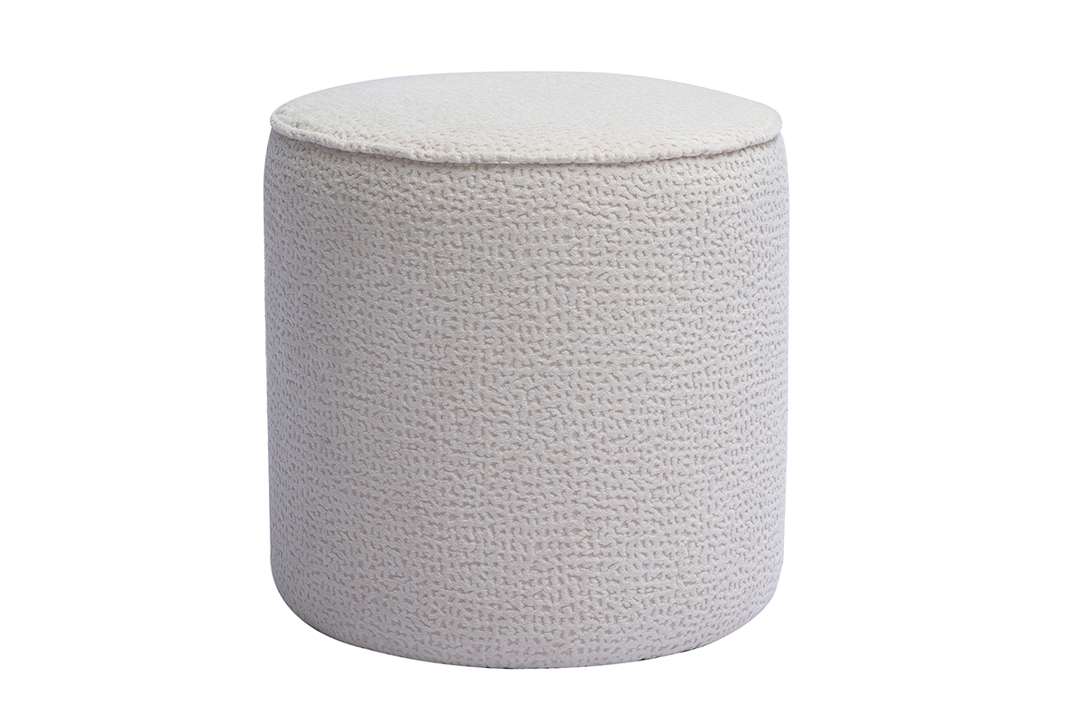 Pouf rond en tissu �cru textur�, D40 cm, avec motifs, vue de face