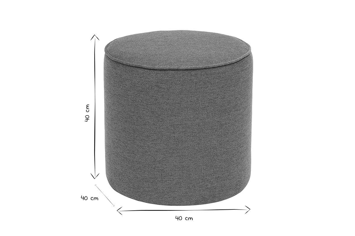 Dimensions du pouf rond en tissu velours textur�, 40 cm de diam�tre, en noir et blanc.