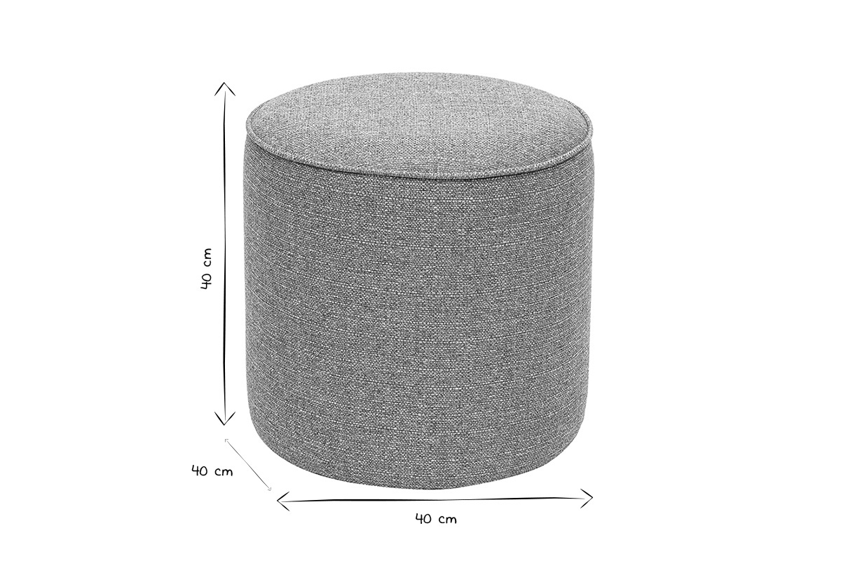 Pouf rond en tissu gris clair de 40 cm de diamtre, dimensions indiques en noir et blanc.