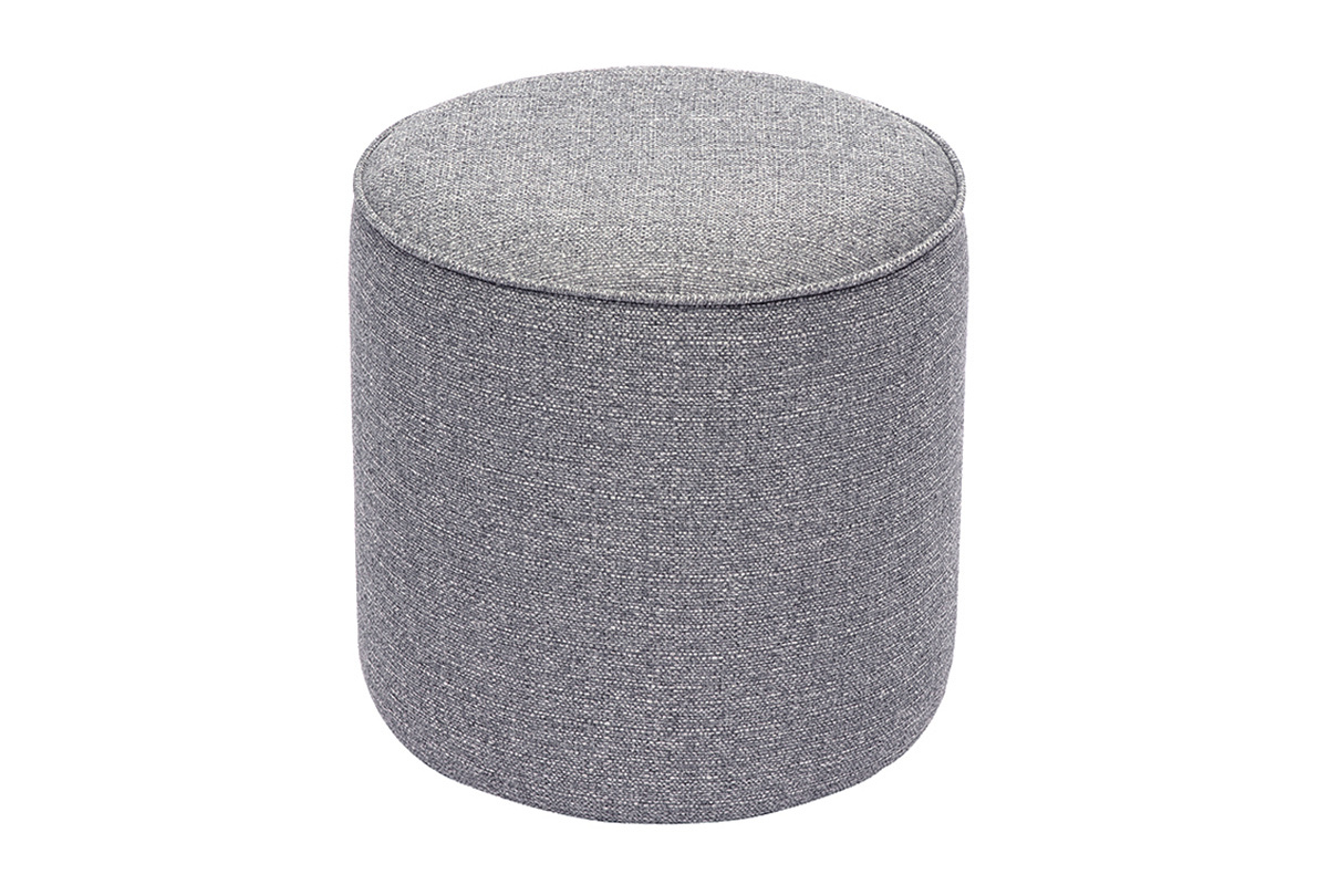 Pouf rond en tissu gris clair, vue de haut.