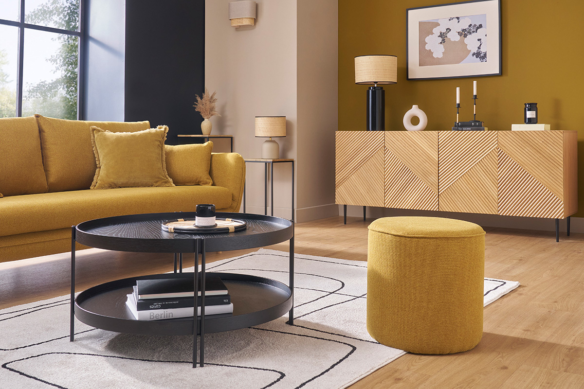 Pouf rond en tissu jaune cumin D40 cm COQ