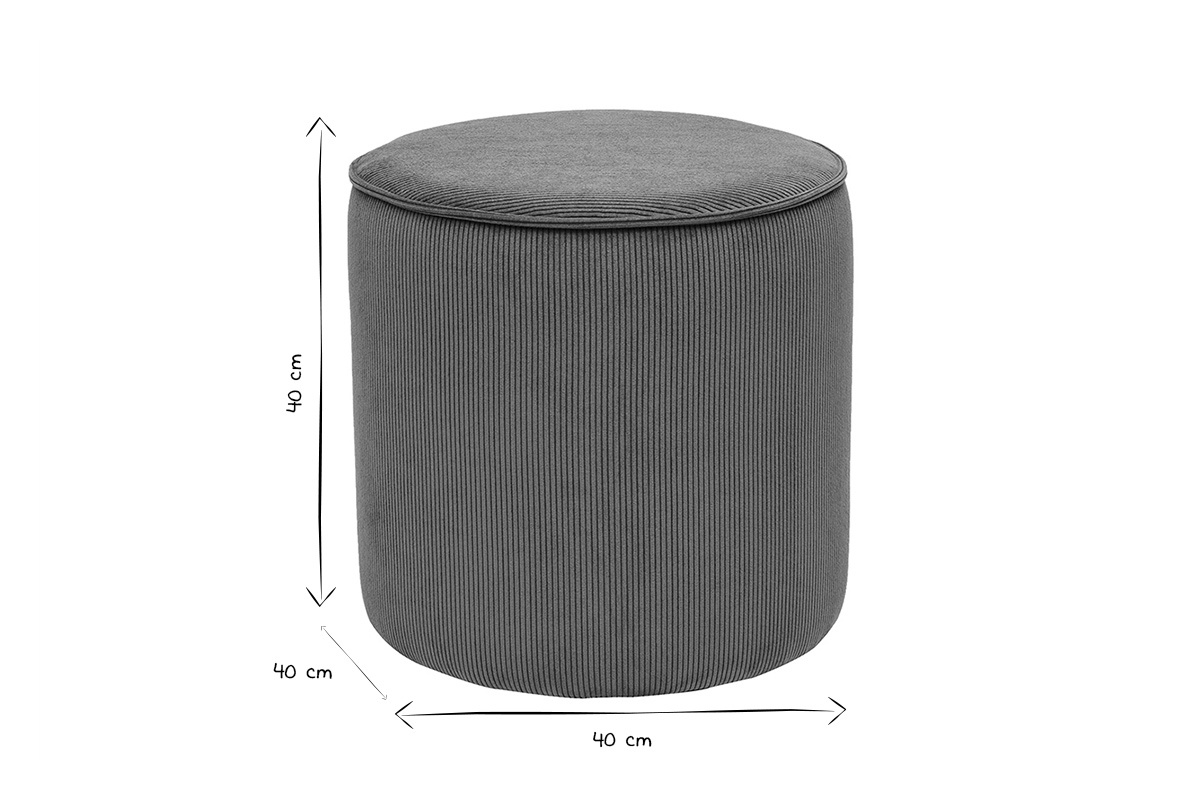 Dimensions du pouf rond en tissu velours ctel, D40 cm, en noir et blanc.