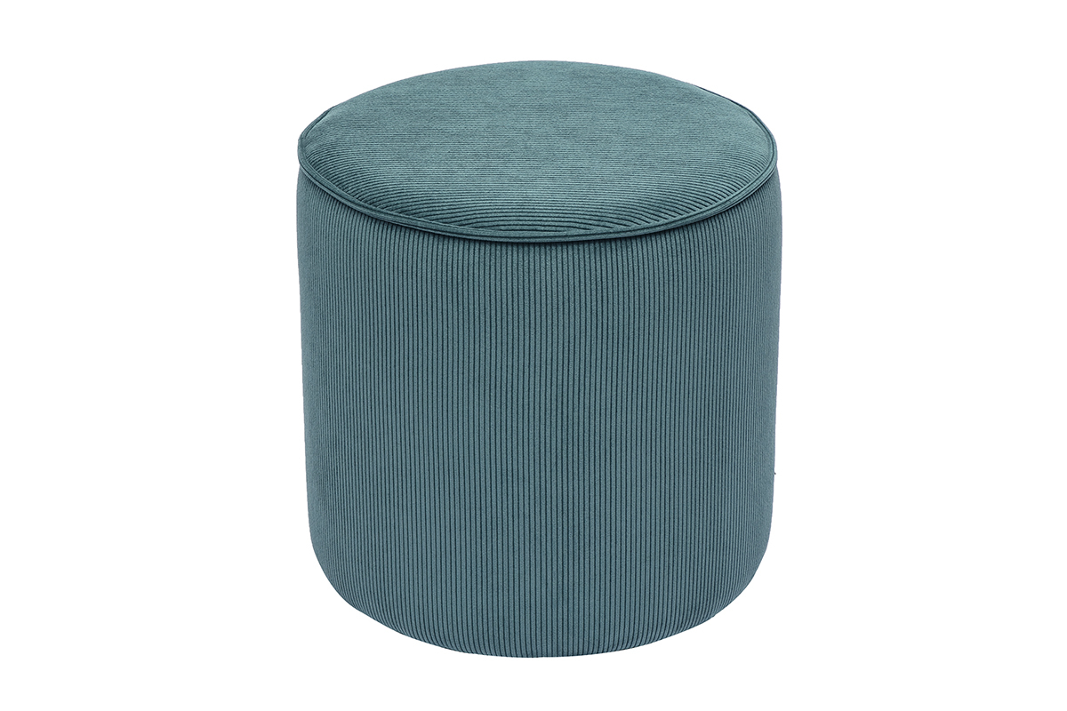 Pouf rond en velours ctel bleu canard D40 cm, vue de haut.