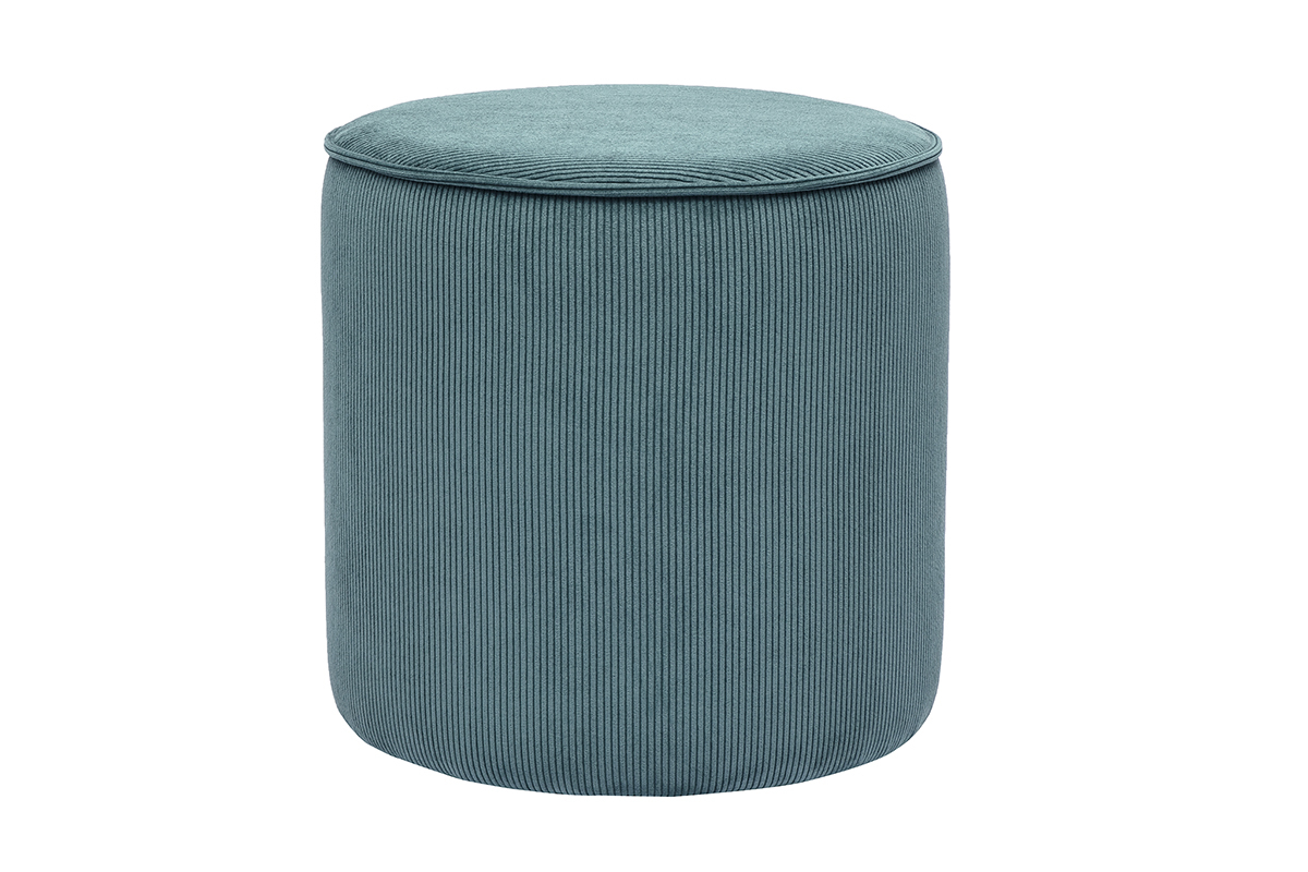 Pouf rond en velours ctel bleu canard, vue de face.