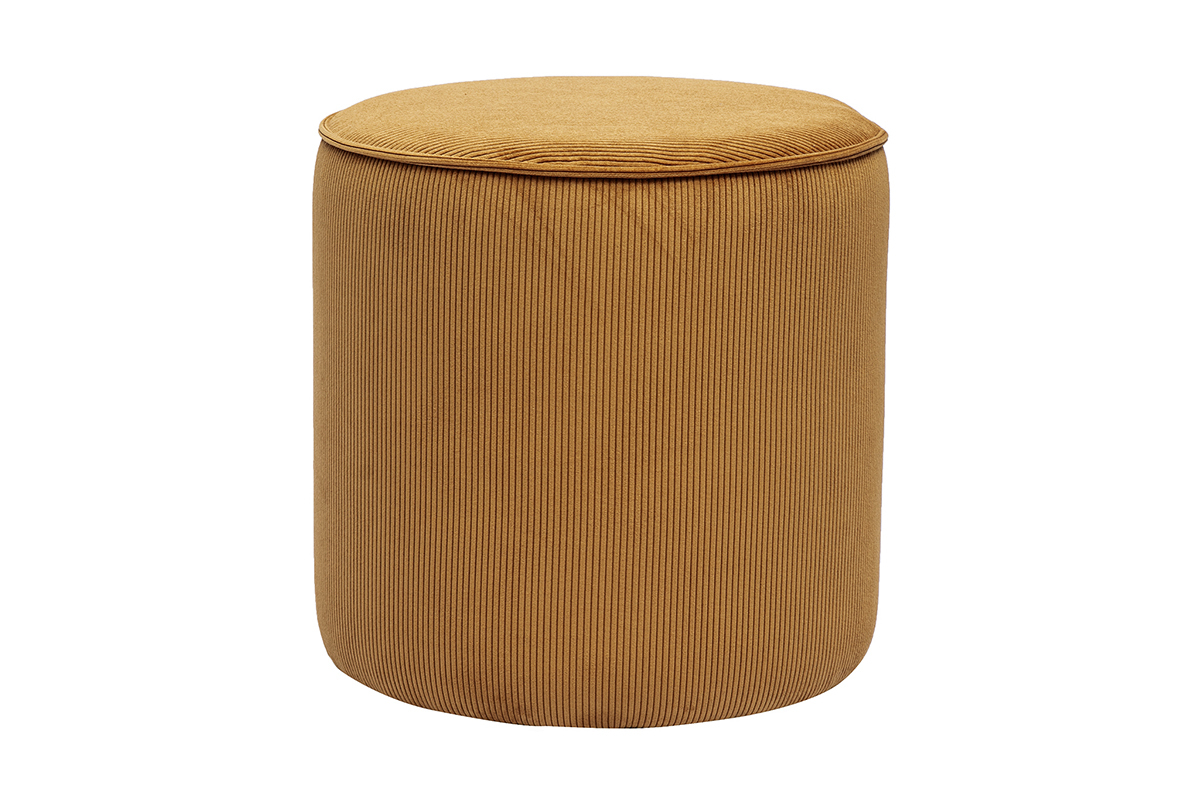 Pouf rond en velours ctel jaune curry, vue de face, D40 cm.