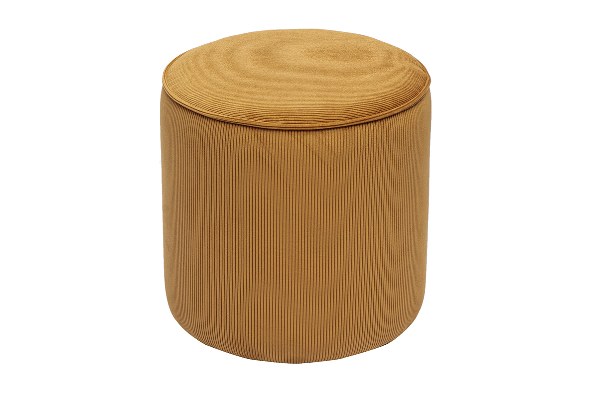 Pouf rond en velours ctel jaune curry, vue de haut.