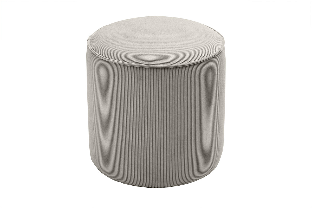 Pouf rond en velours ctel taupe, vue de face.