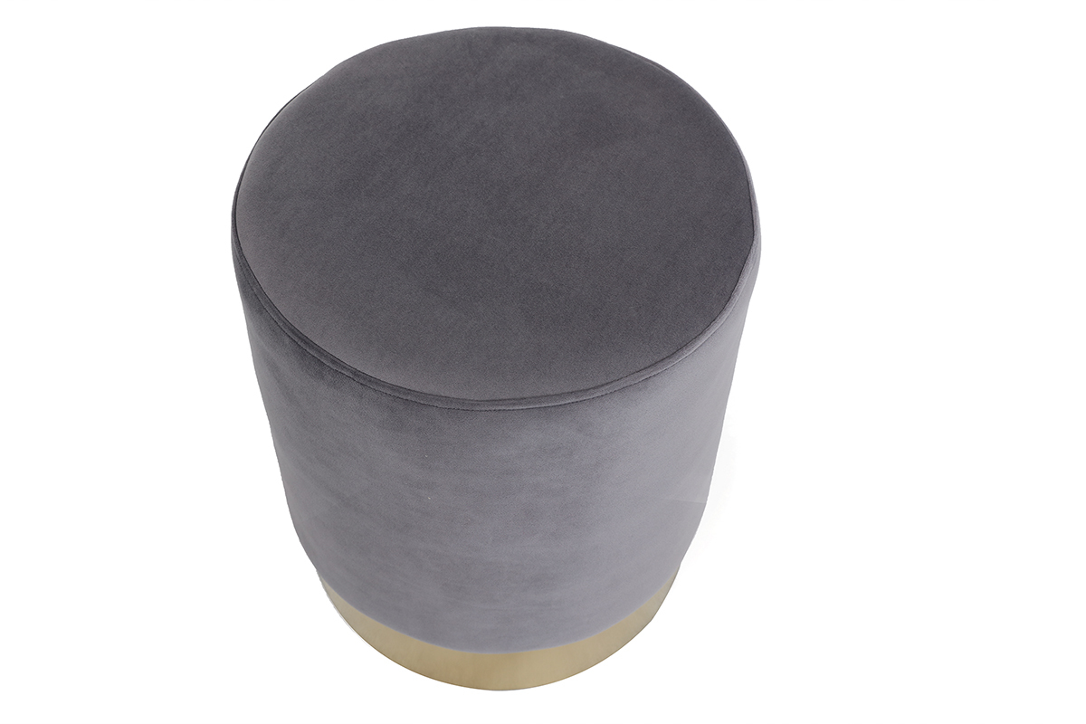 Pouf rond en tissu velours gris et m�tal dor� D38 cm AMAYA