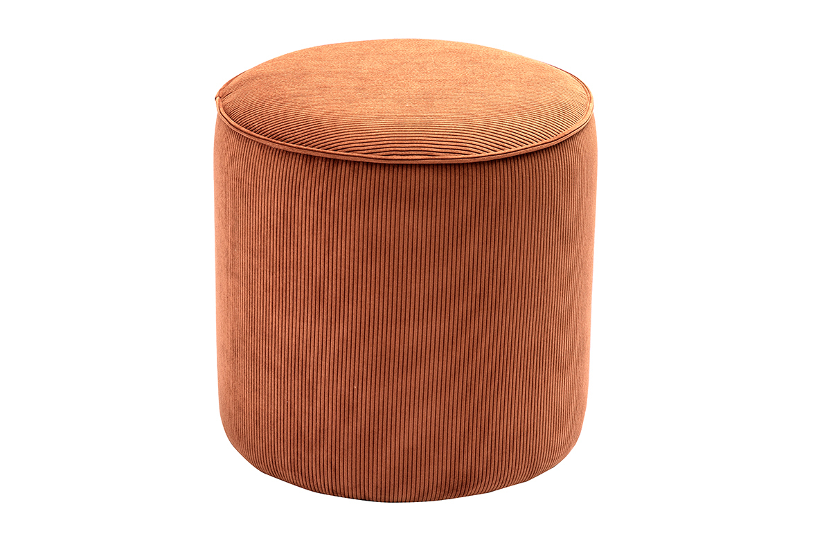 Pouf rond en velours ctel terre brle, vue de haut.