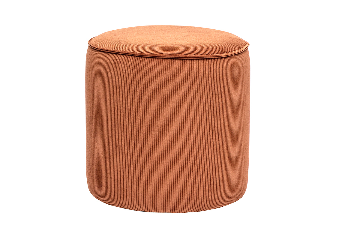 Pouf rond en velours ctel terre brle, vue de face.