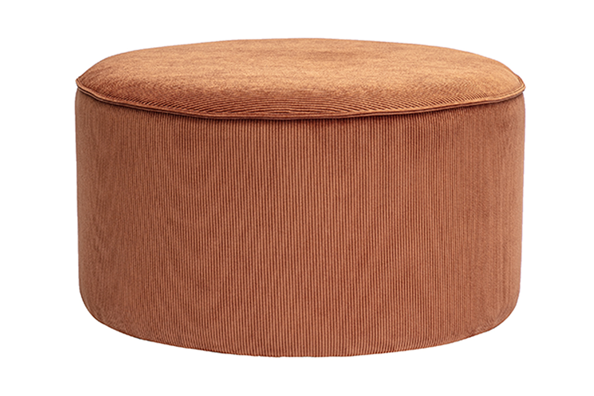 Pouf rond en velours ctel terre brle, vue de face.