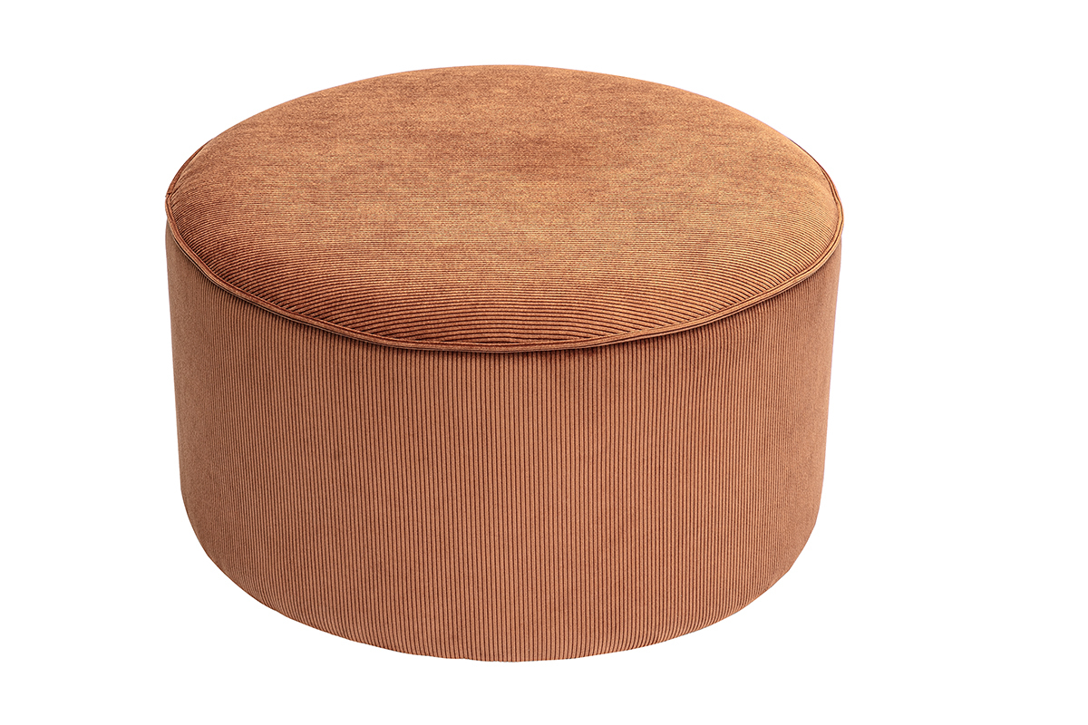 Pouf rond en velours ctel terre brle, vue de haut.