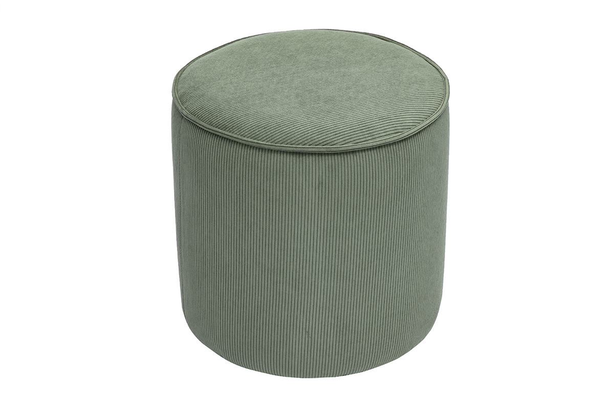 Pouf rond en velours ctel vert kaki de 40 cm de diamtre, modle PAUL.