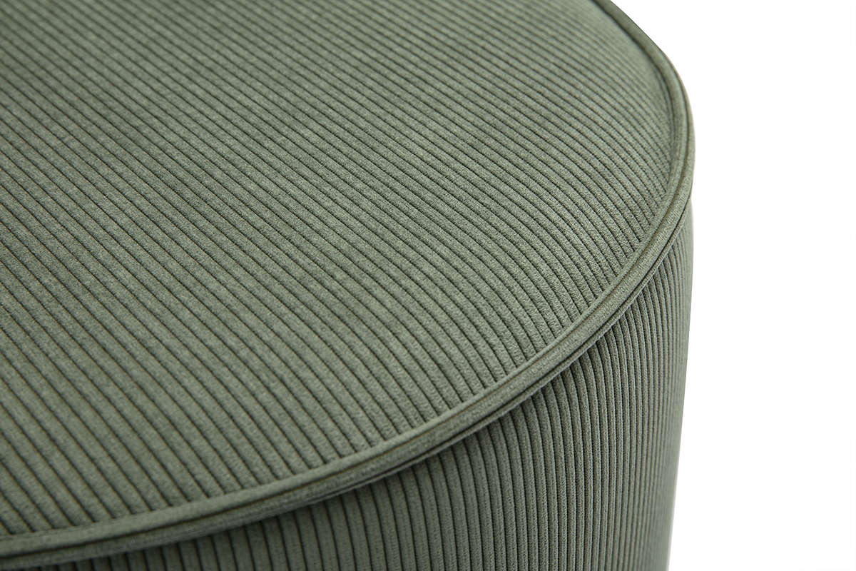 Pouf rond en velours ctel vert kaki de 40 cm de diamtre.