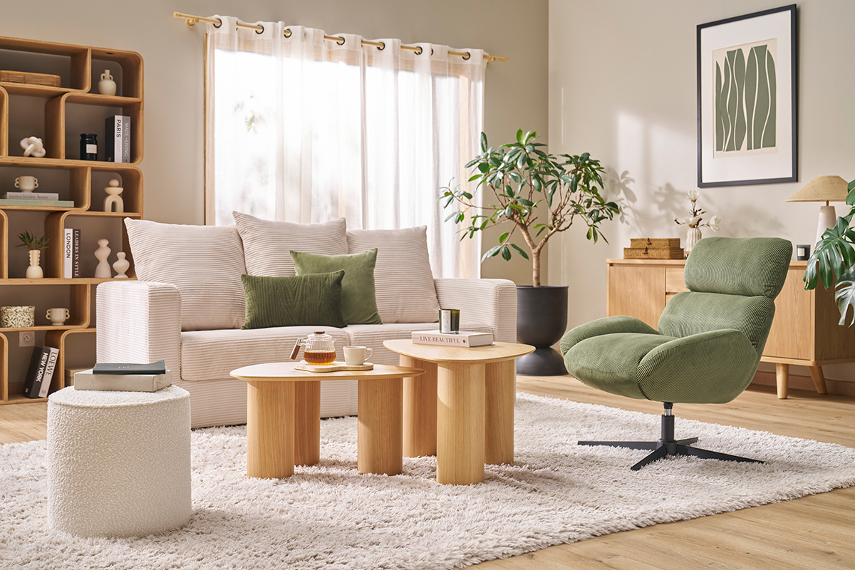 Pouf rond en velours ctel vert kaki D40 cm PAUL