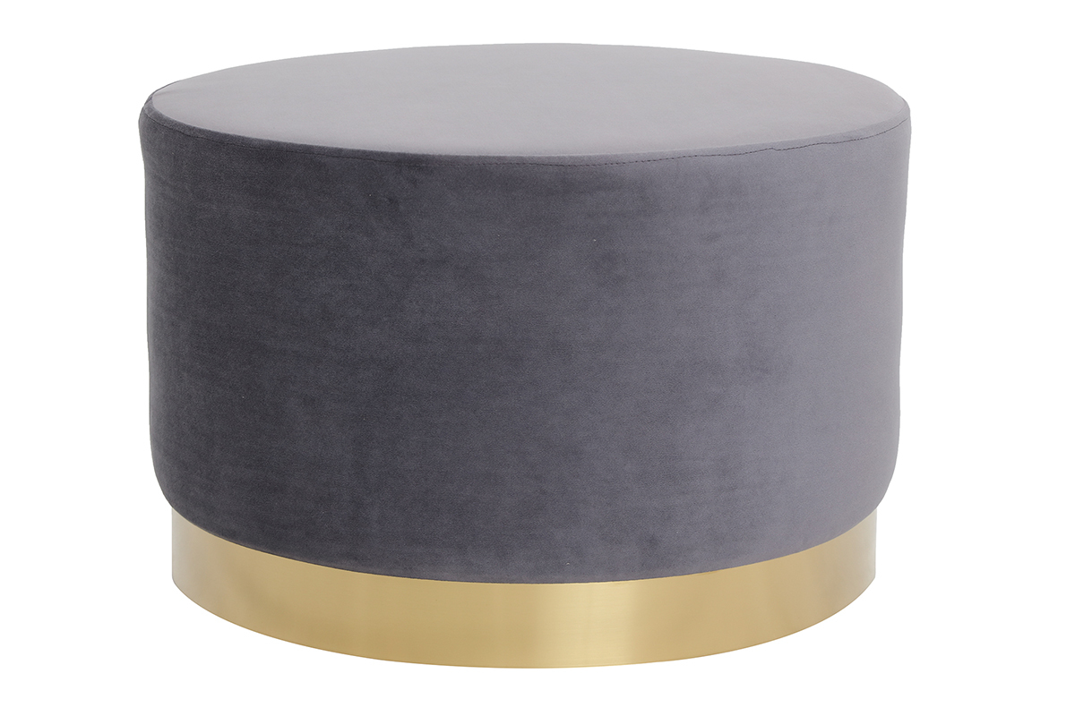Pouf rond en velours gris et m�tal dor� 54 cm AMAYA