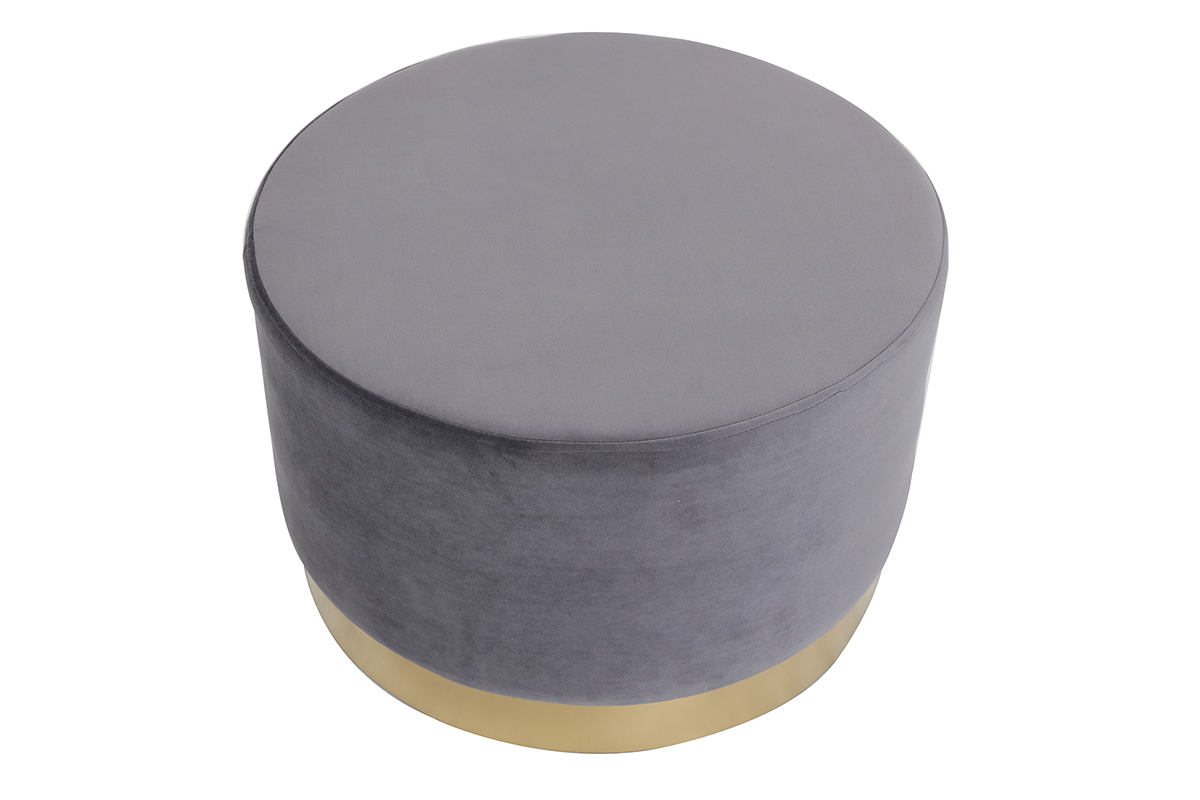 Pouf rond en velours gris et m�tal dor� 54 cm AMAYA