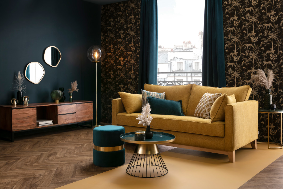 Pouf rond en velours vert et mtal dor JOY