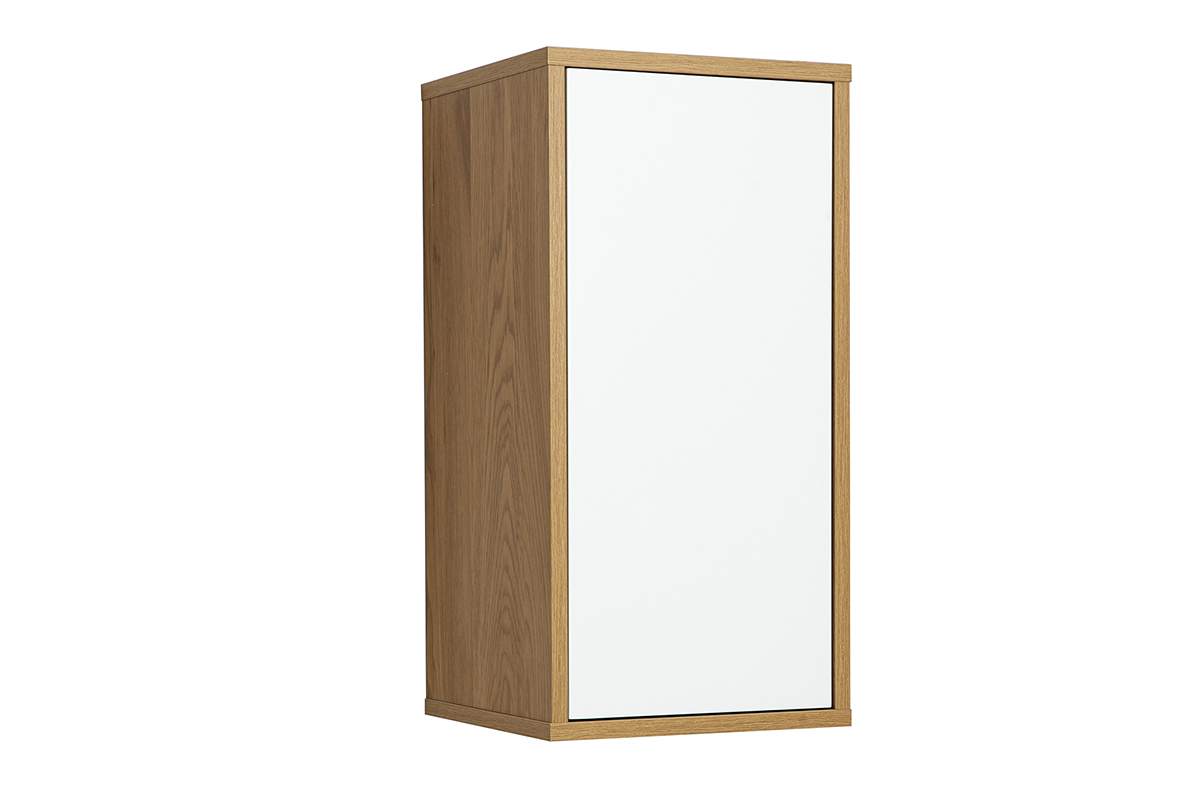 Rangement mural FINITION blanche et bois clair ch�ne, vue de 3/4, dimensions L30 x P30 x H60 cm
