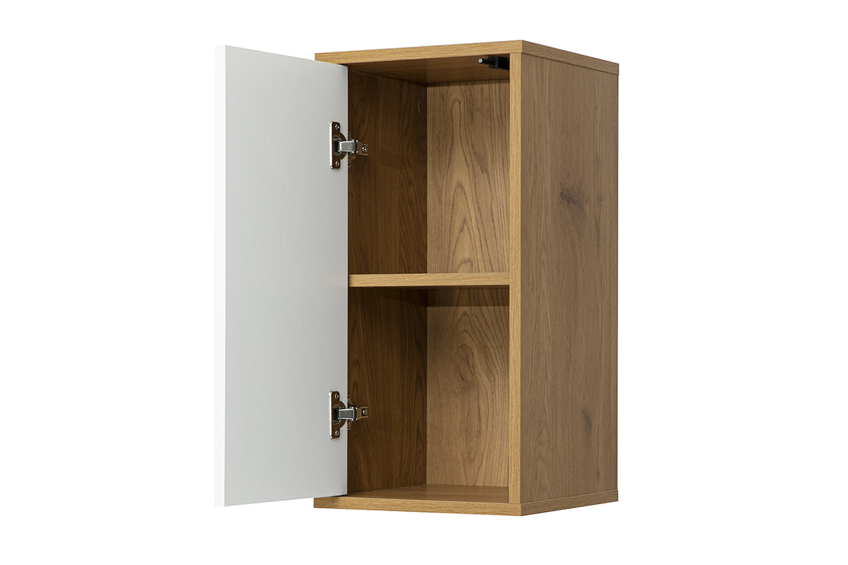 Rangement mural FLEXO en bois clair et finition blanche, porte ouverte, vue de 3/4