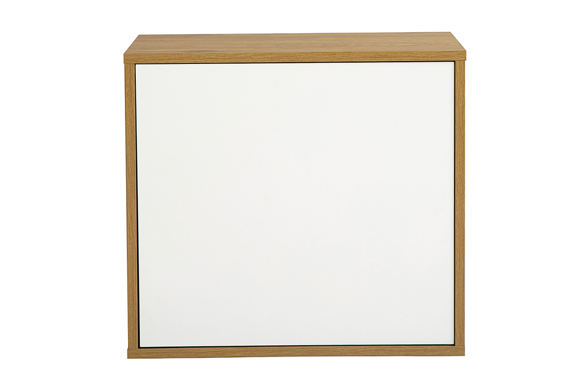 Rangement mural blanc et bois clair ch�ne, vue de face, dimensions L55 x P30 x H50 cm