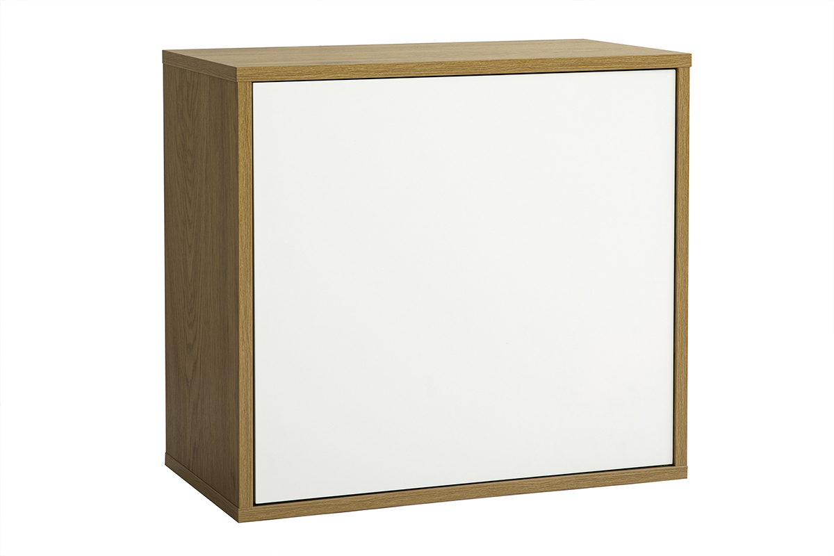 Rangement mural FLEXO finition blanche et bois ch�ne, vue de 3/4, dimensions L55 cm.