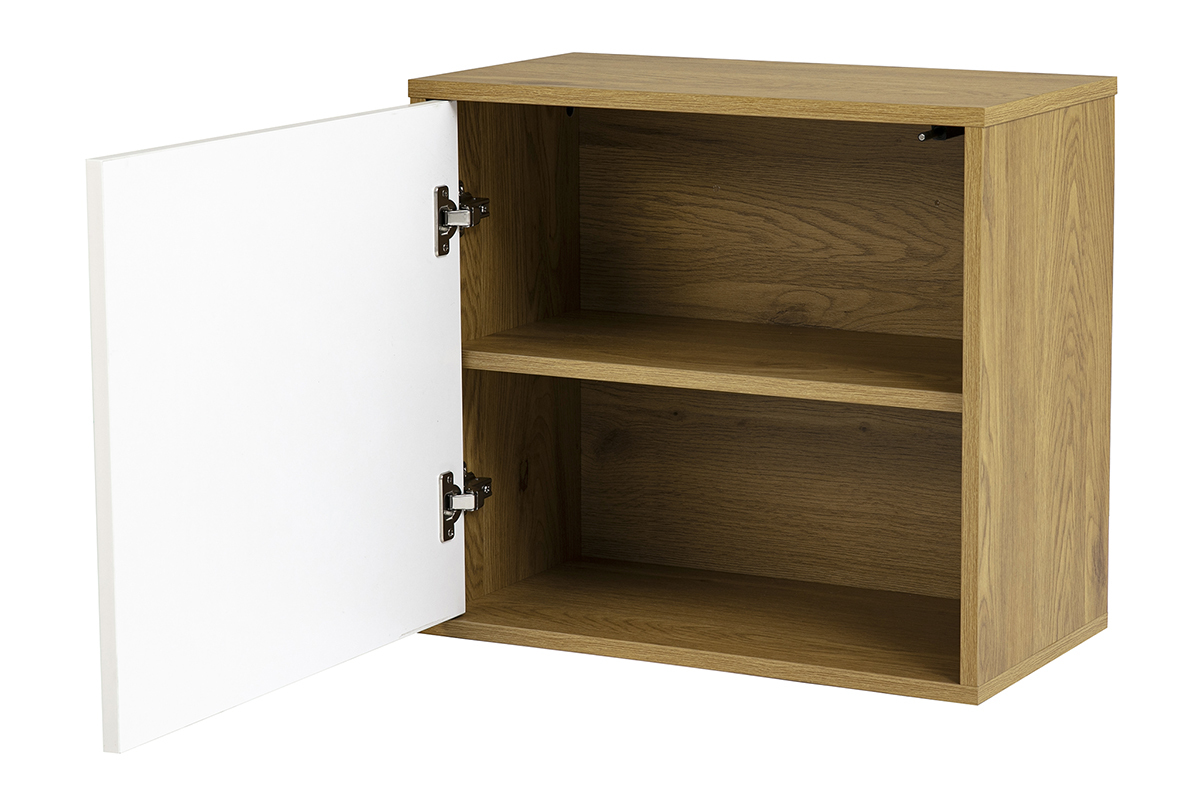 Rangement mural FLEXO blanc et bois clair ch�ne avec porte ouverte, vue de face.